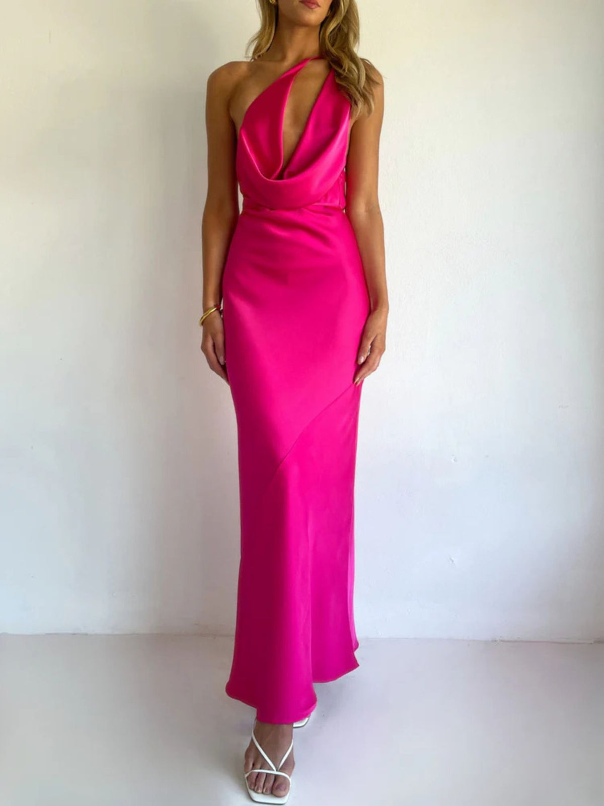 Halter Neck Ruched Satin Maxi Dress