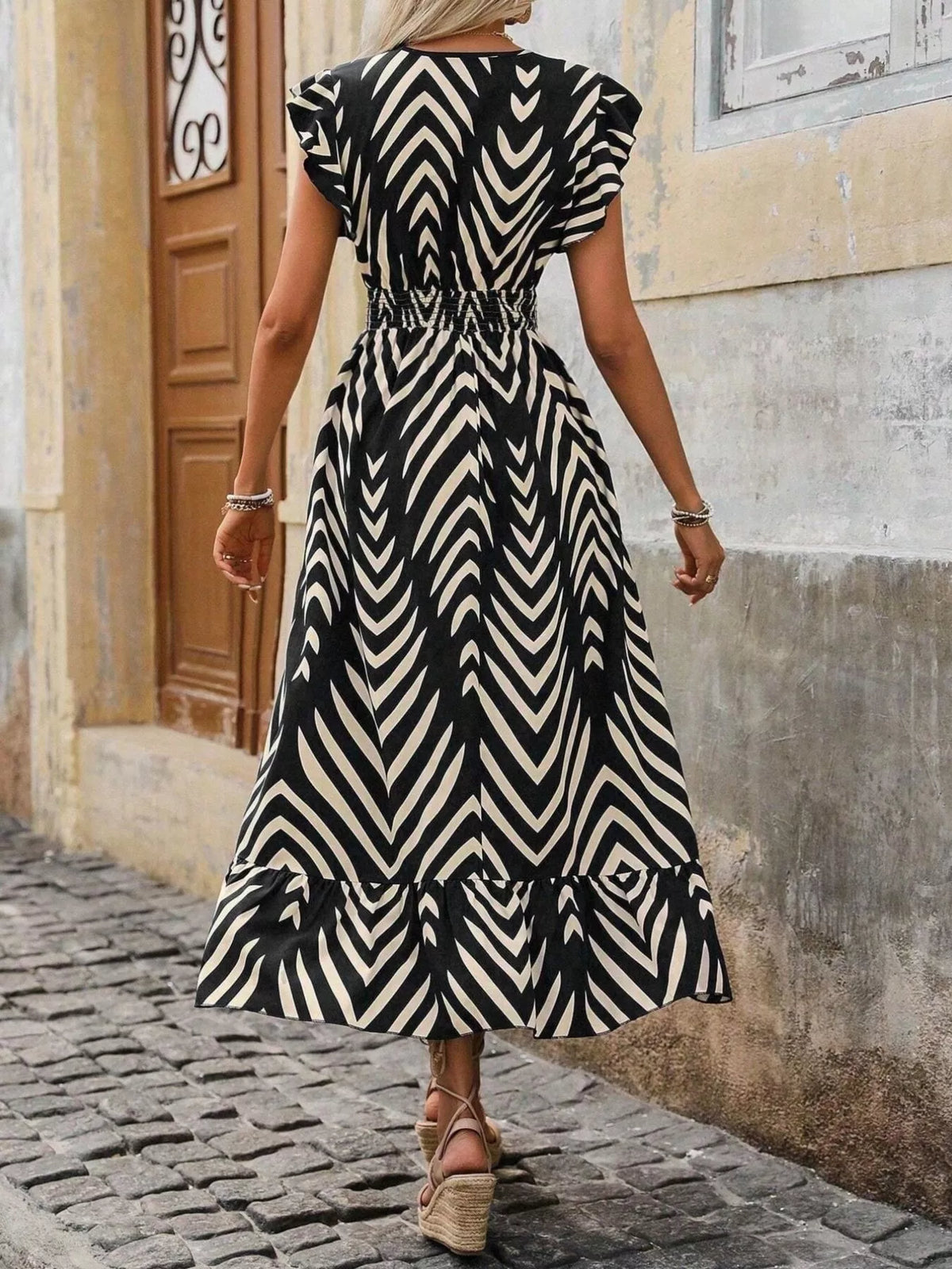 Smocked Cap-Sleeve High-Low Midi Dress