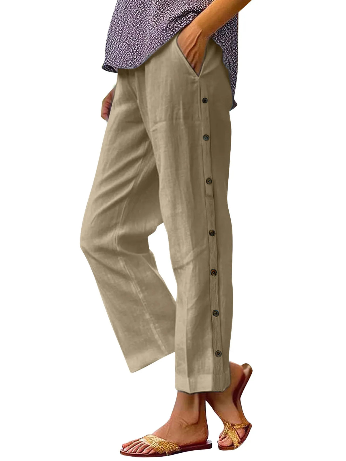 Side Button Wide Leg Pants, Plus Size