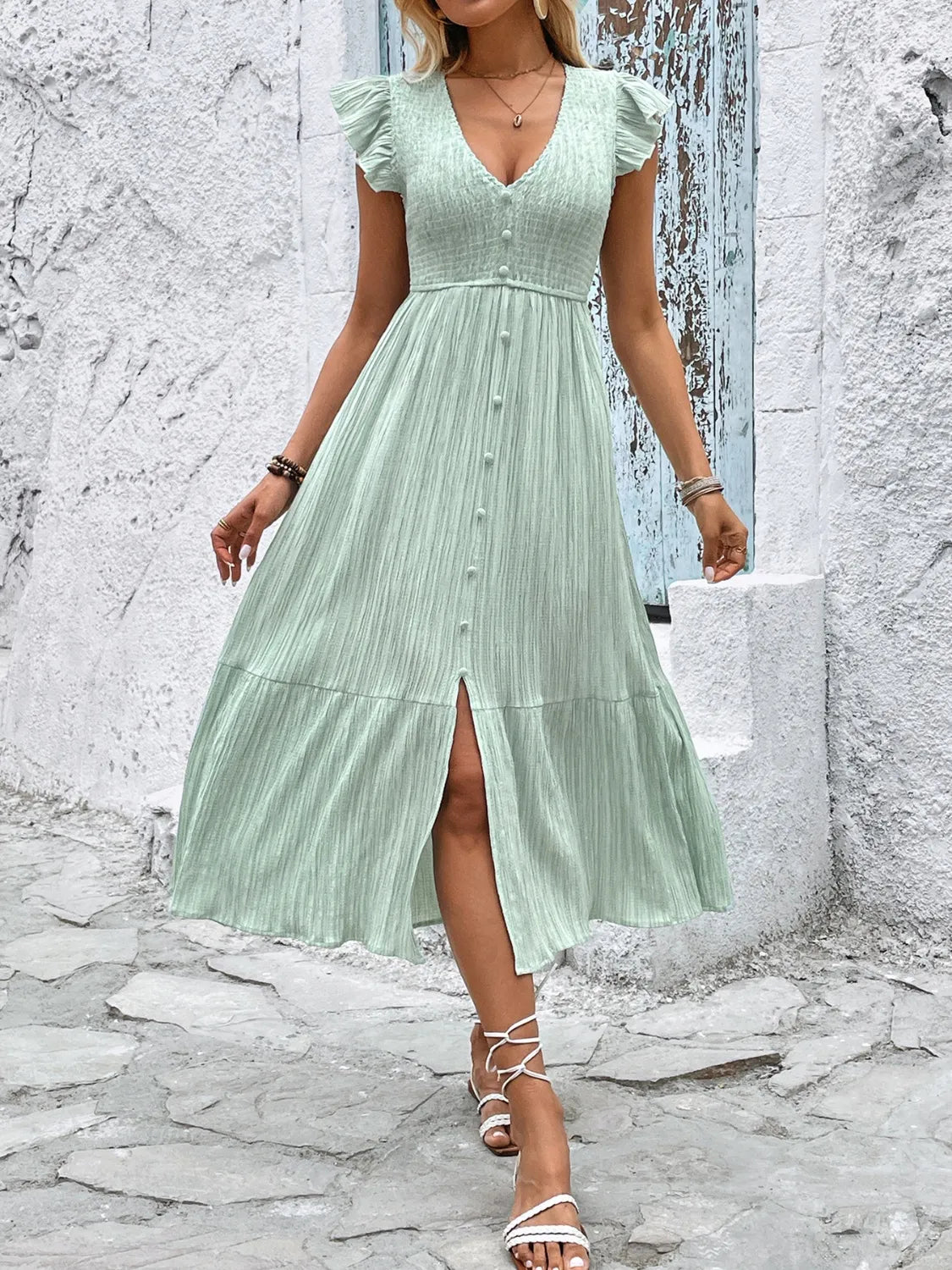V-Neck Ruffled Cap Sleeve Dress in Light Green
