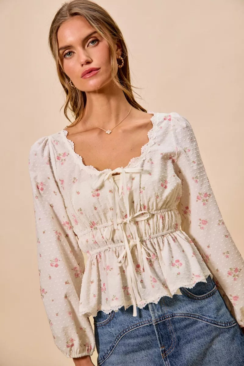 So Me Floral Clip Dot Lace Trim Blouse in White