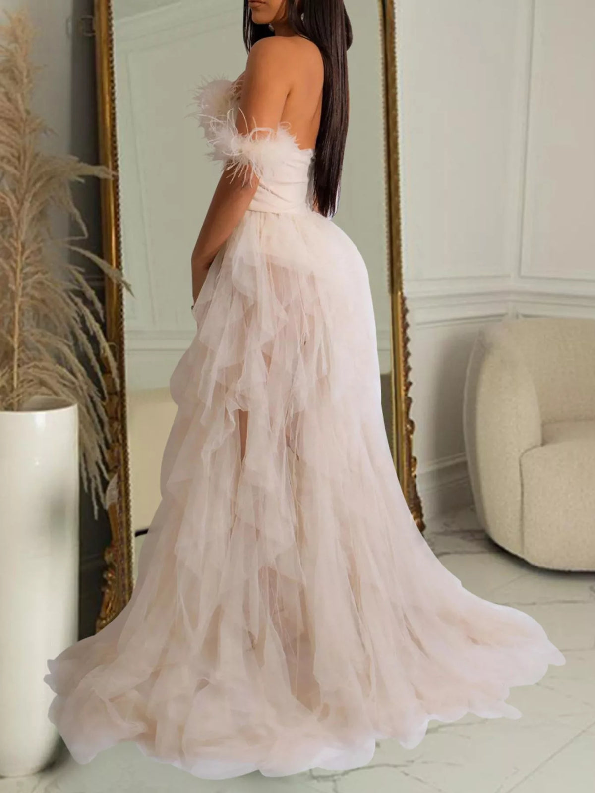 Feathered Corset Tulle Evening Dress