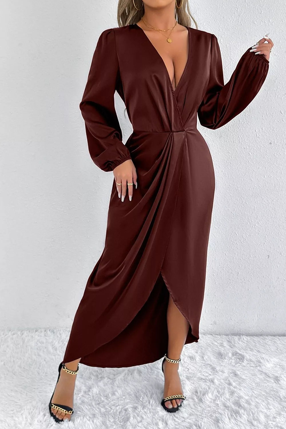 Satin Balloon Sleeve Midi Dress with Side Split