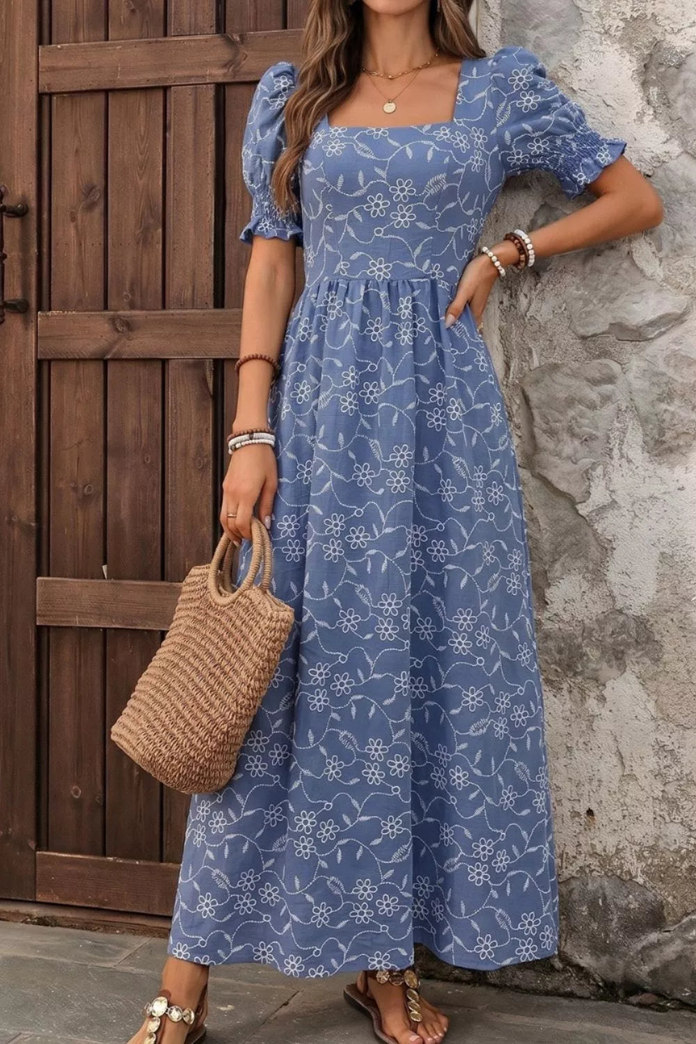 Square Neck Puff Sleeve Maxi Dress in Dusty Blue