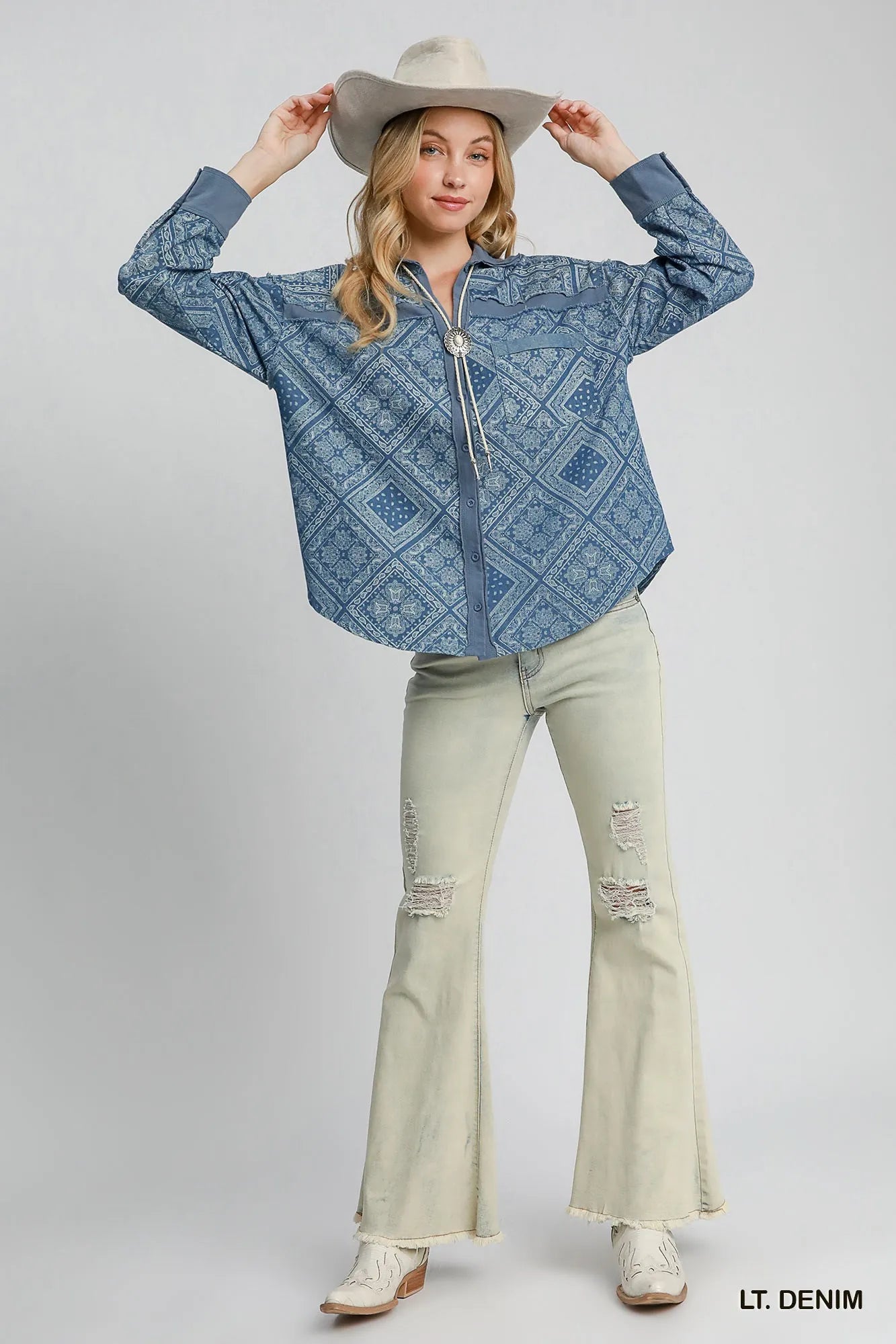 Umgee Patchwork Denim Jacket in Light Denim in Lt. denim