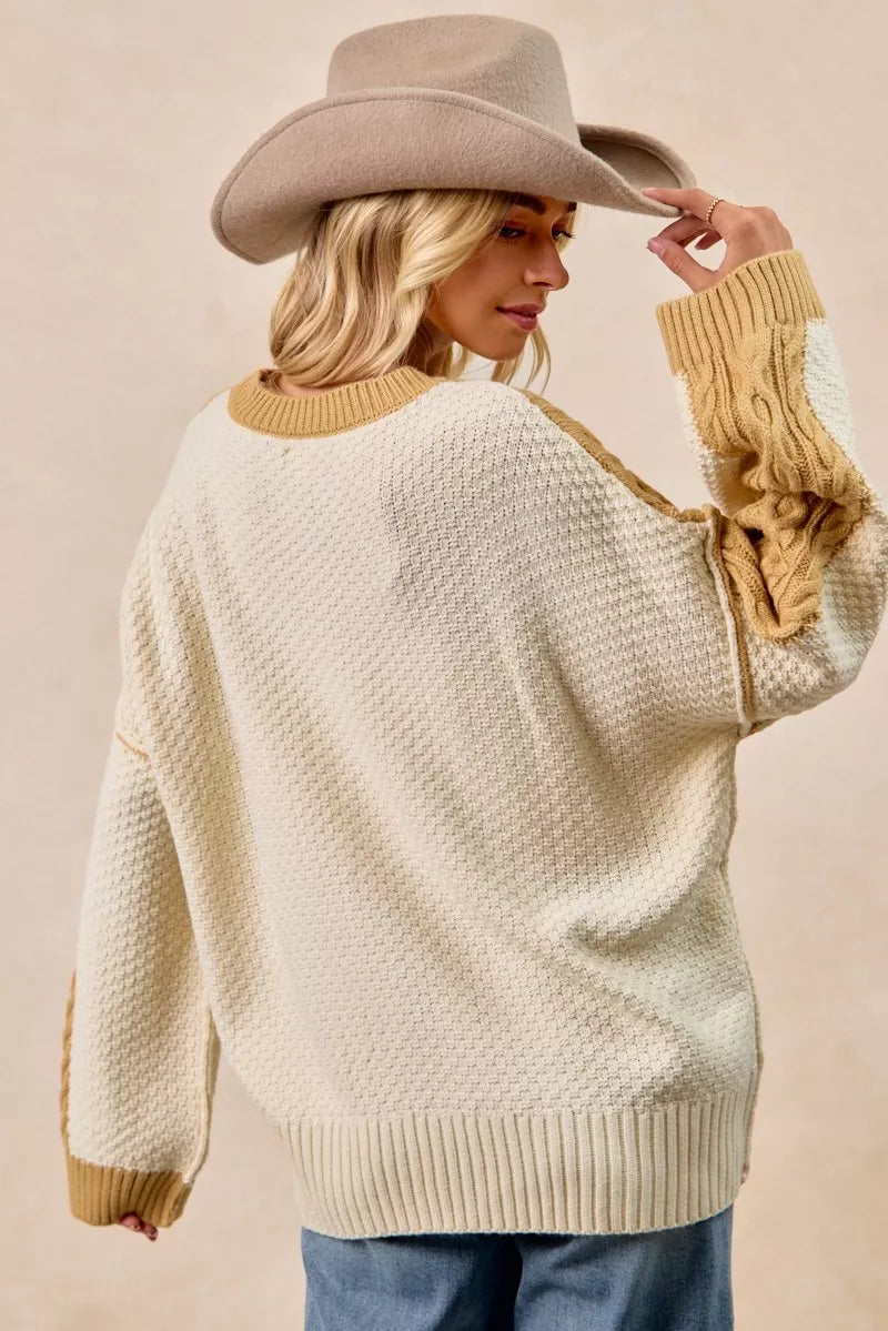 Mustard Ivory Cable Knit Hacci Combo Sweater in Lt mustard/ivory by BiBi