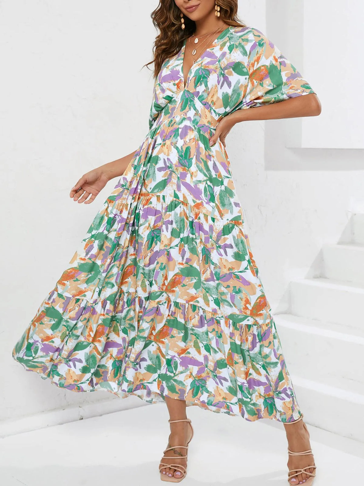 Floral Print V-Neck Boho Midi Dress in Gum Leaf