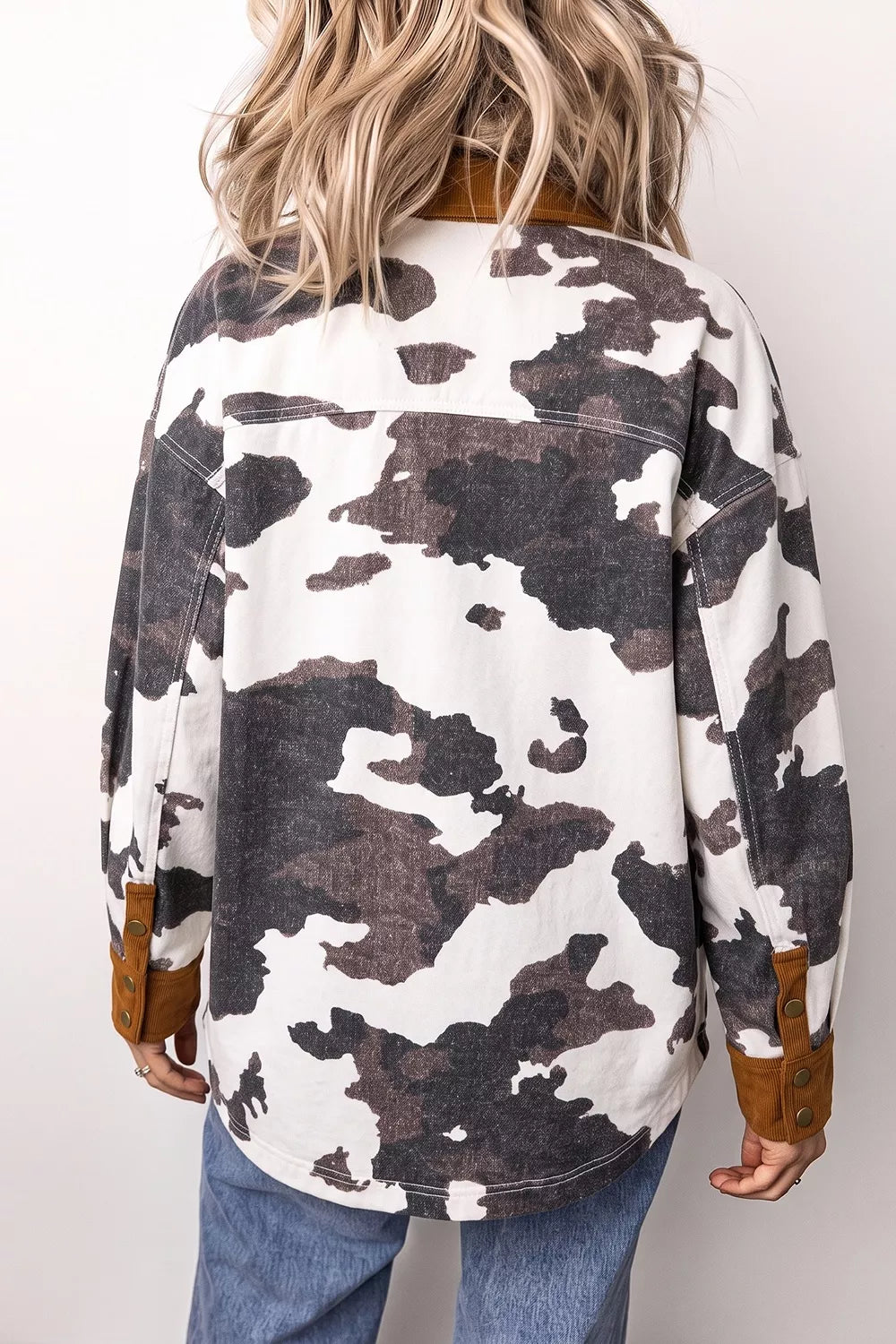 Western Cow Print Button-Up Denim Jacket in Dark Gray