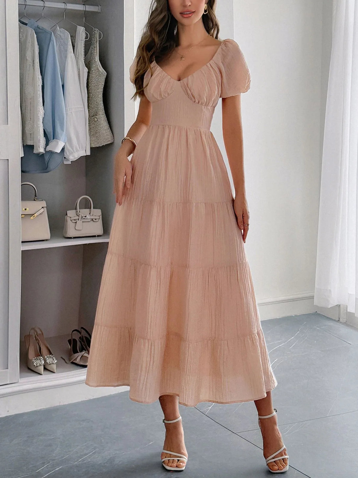 Backless Puff-Sleeve Tiered Midi Dress
