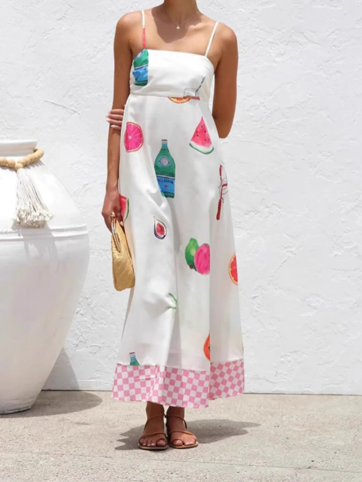 Fruit Print Checkered Hem Cami Midi Dress