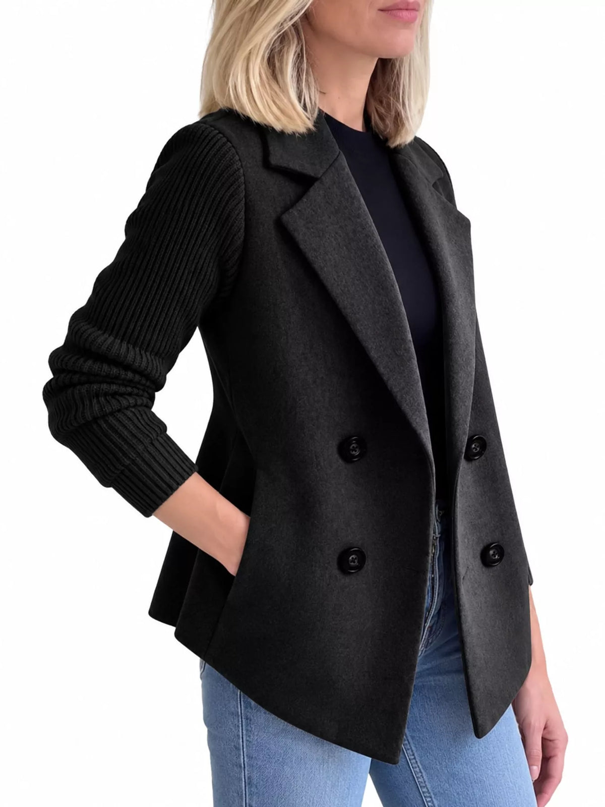 Double-Breasted Hybrid Blazer with Ribbed Knit Sleeves