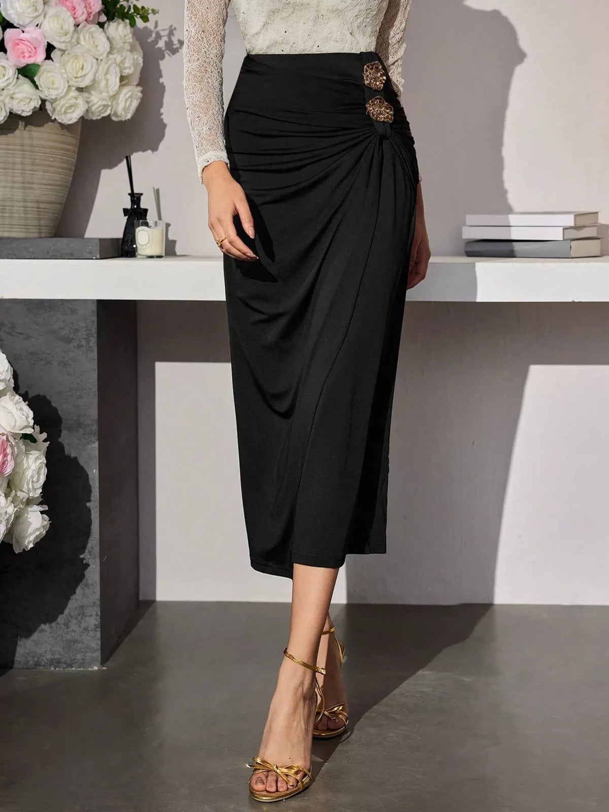 High-Waisted Ruched Midi Skirt with Buttons in Black