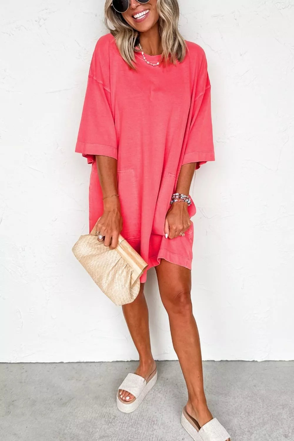 Coral Paradise Drop-Shoulder T-Shirt Dress in Strawberry