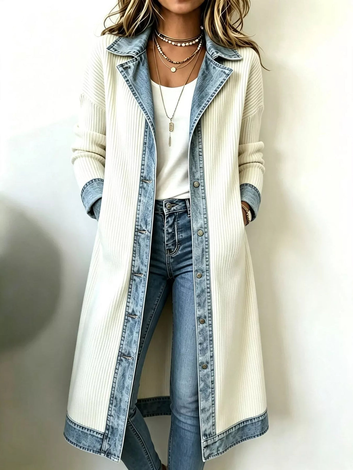 Denim-Trimmed Longline Cardigan