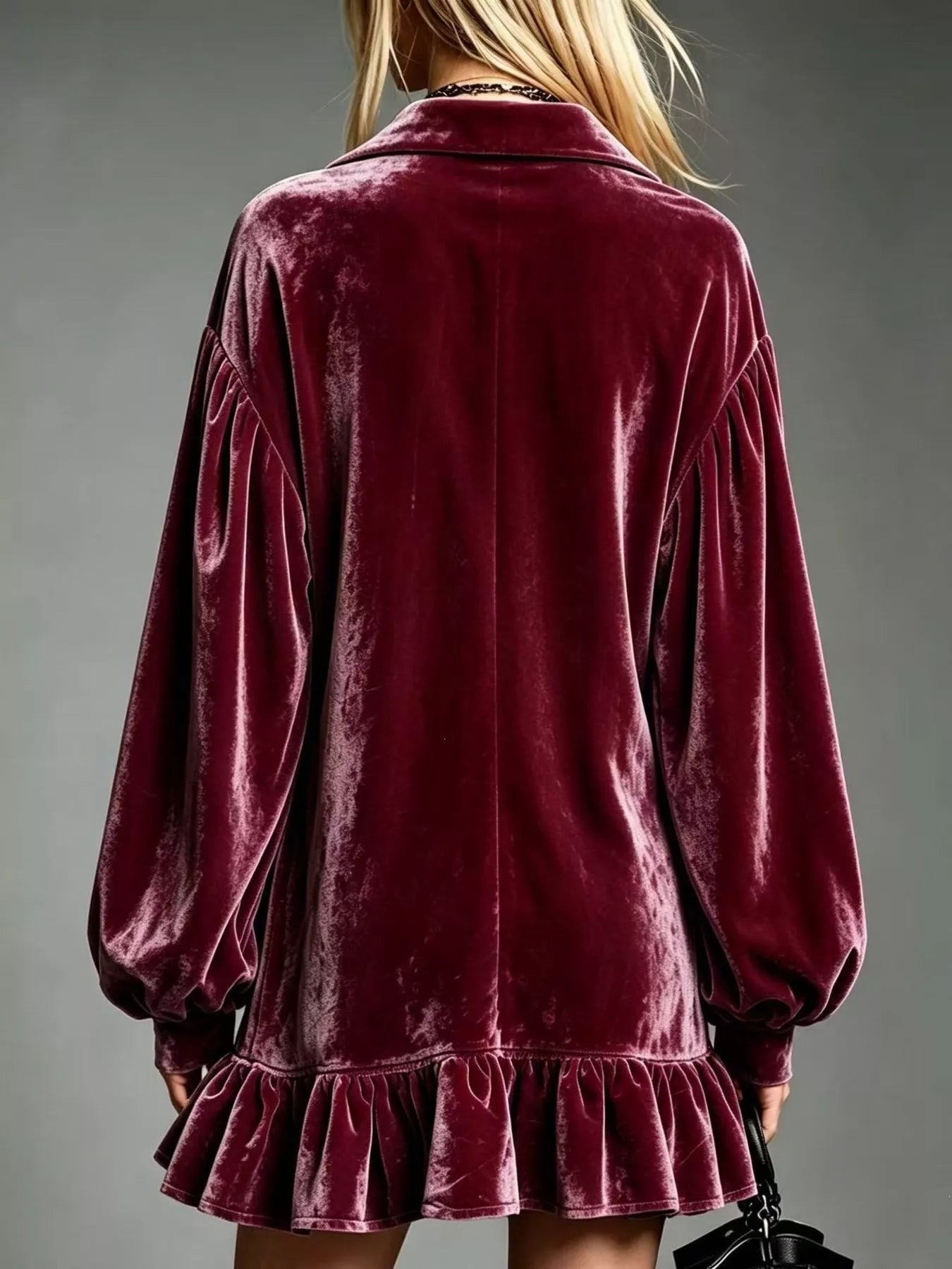 Velvet Ruffled-Hem Long Sleeve Dress