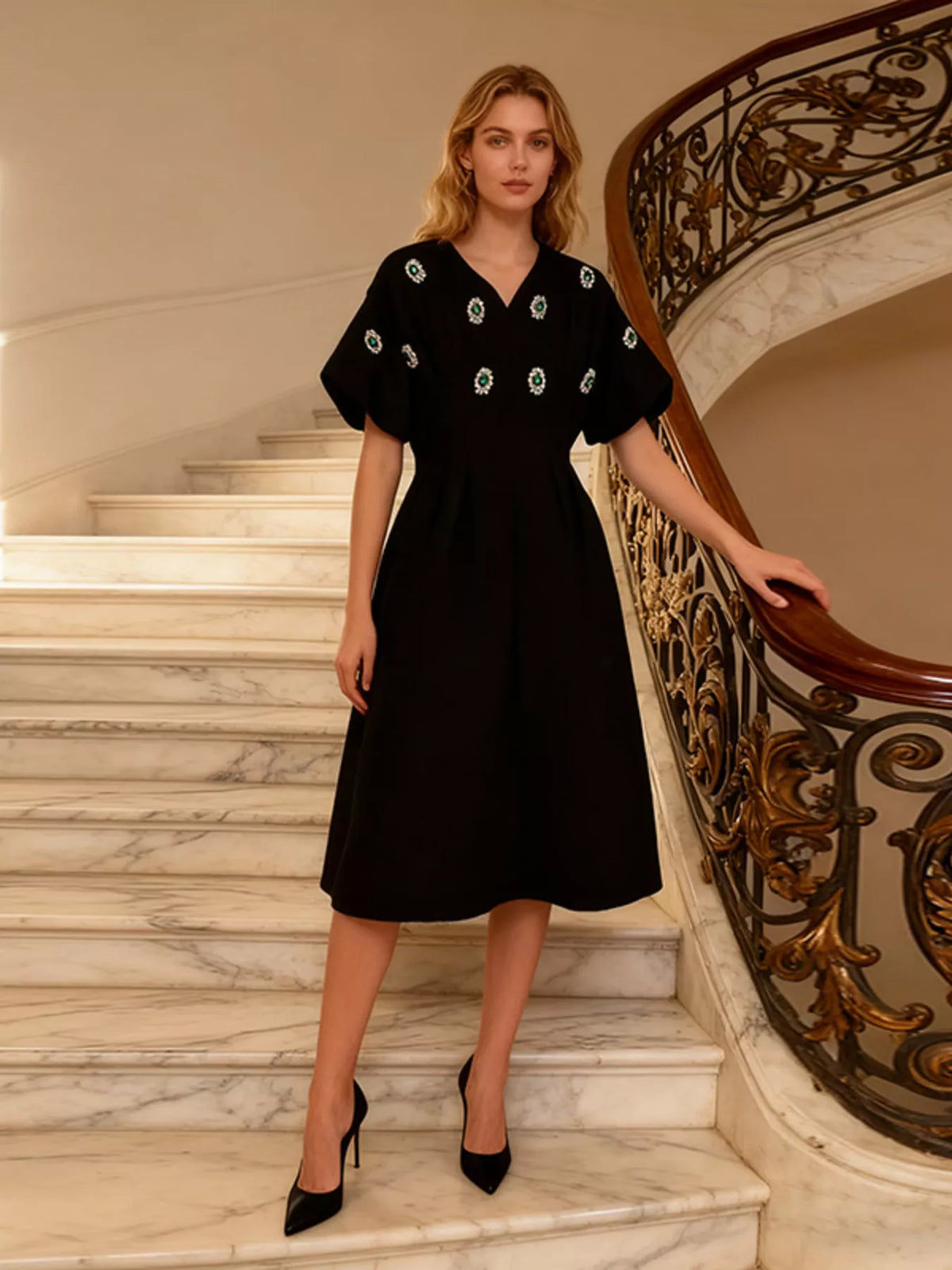 Rhinestone Embellished Puff Sleeve Midi Dress