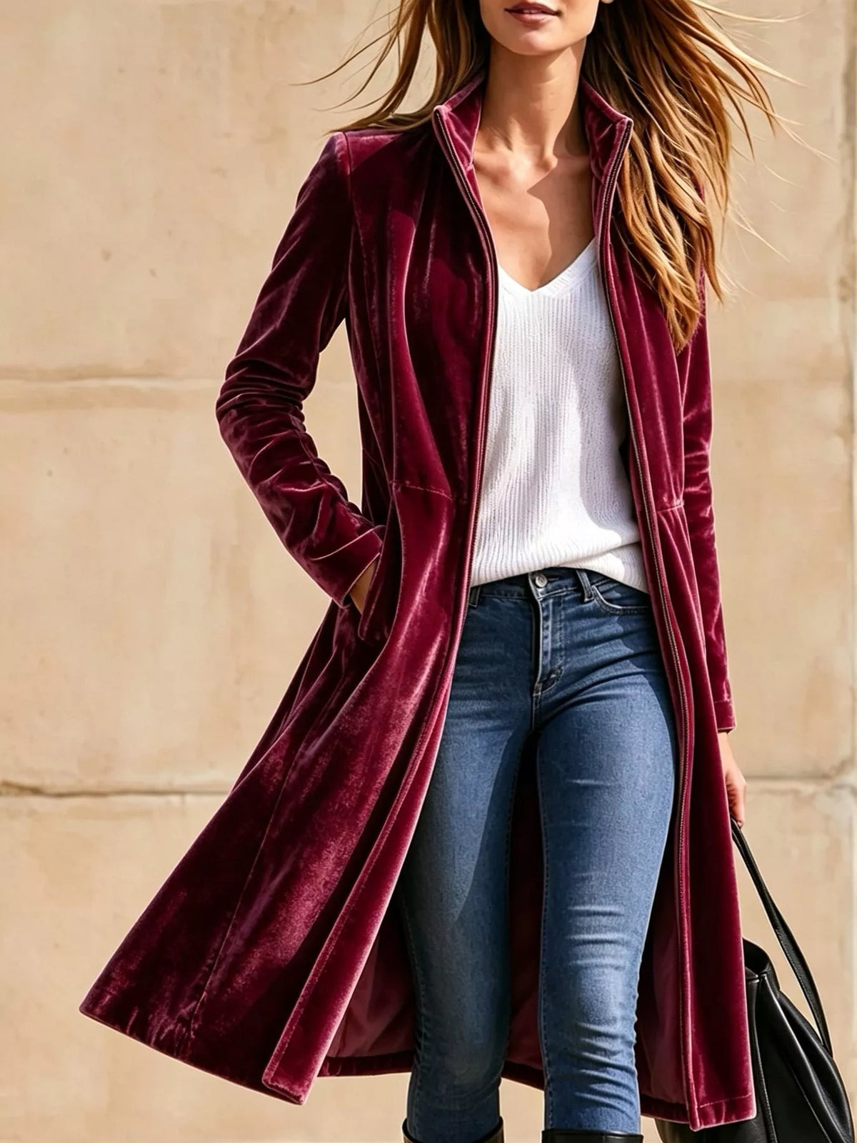 Velvet Zip-Up Longline Jacket