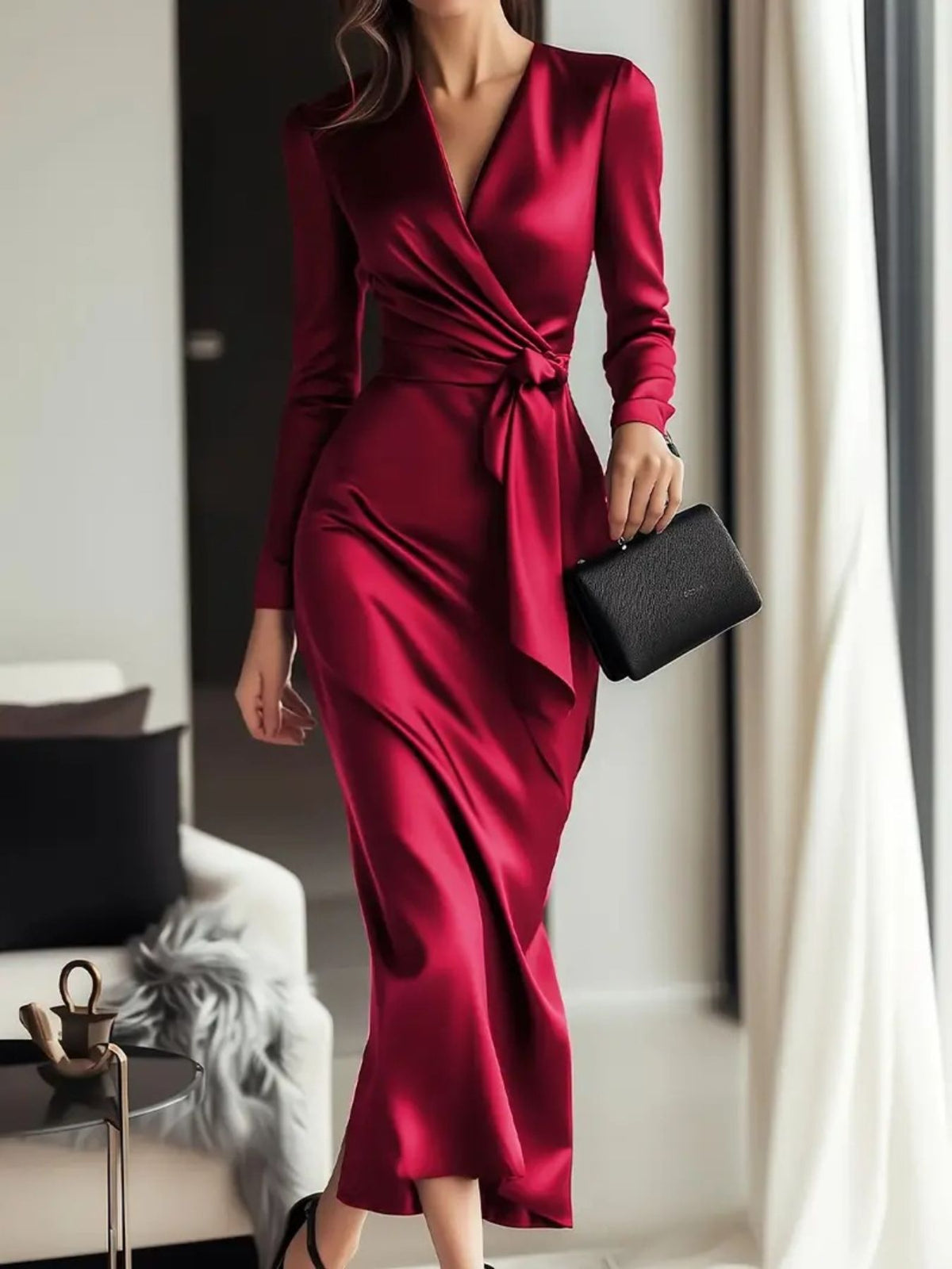 Satin Tie-Waist Long-Sleeve Dress