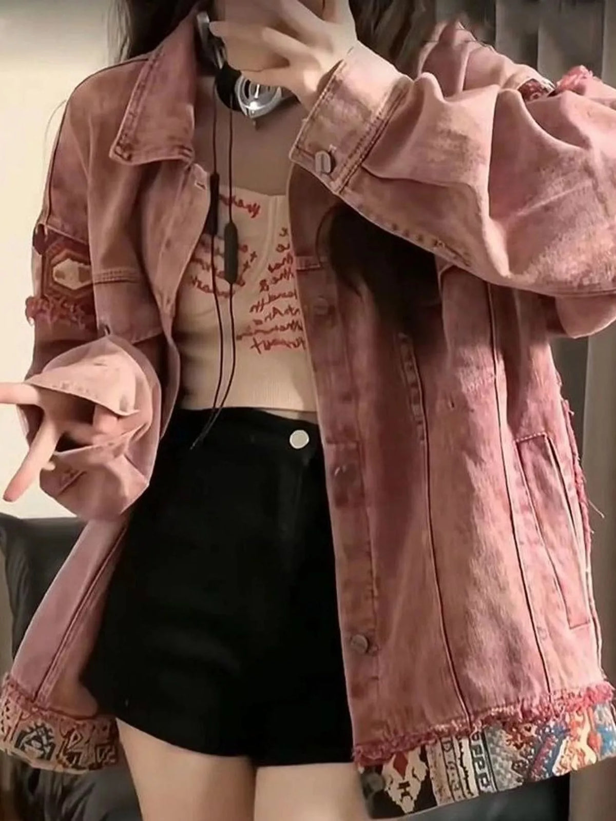 Ethnic Patchwork Denim Jacket in Pink in Pink-New Arrival-3057-Premium Version