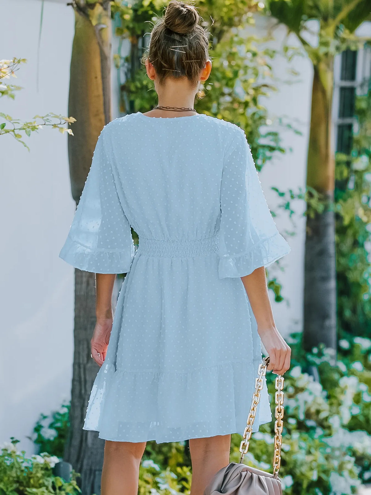 Swiss Dot Flare Sleeve Wrap Dress in Light Blue by Elaine