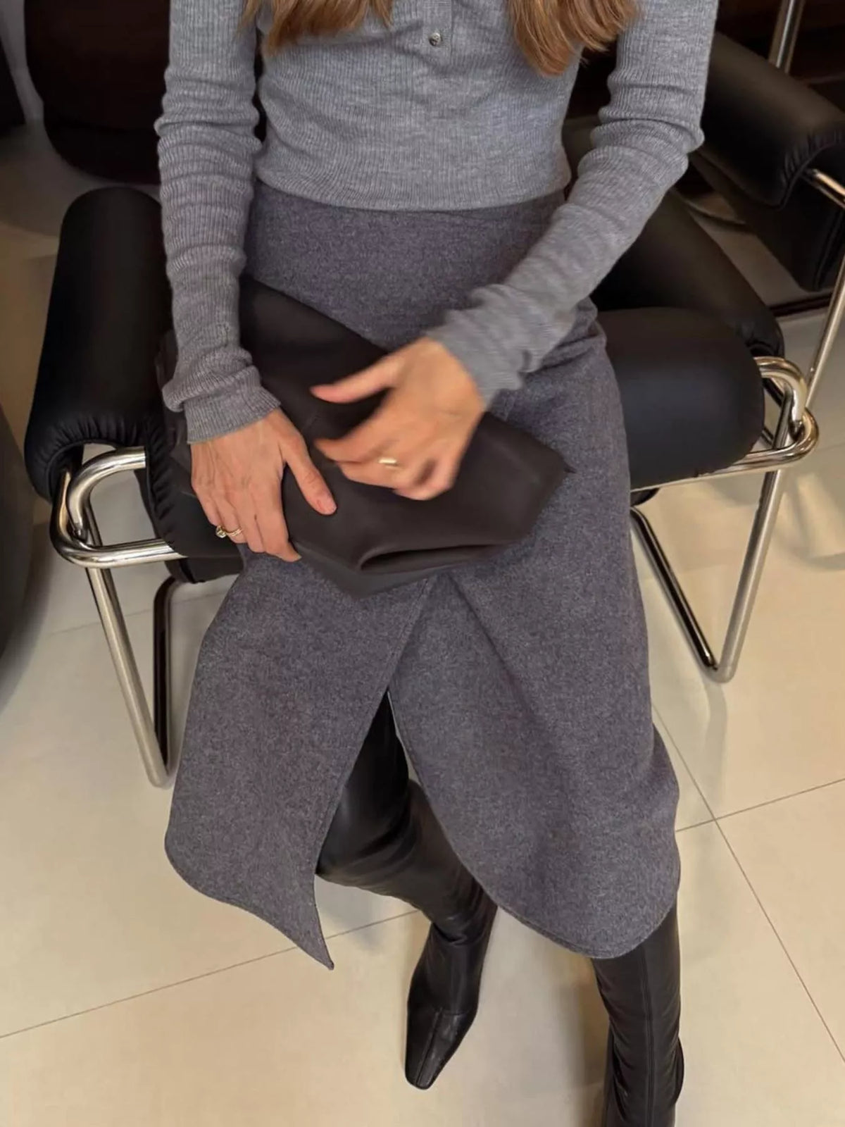 High-Waisted Wrap Midi Skirt in Gray