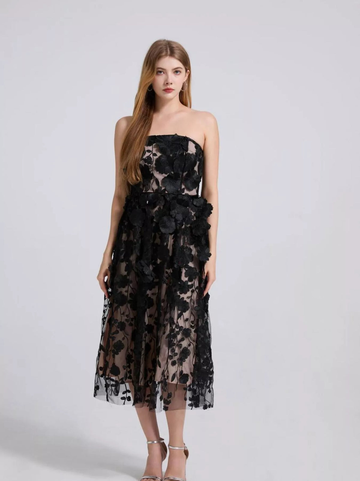 Floral Applique Strapless Midi Dress, Lined