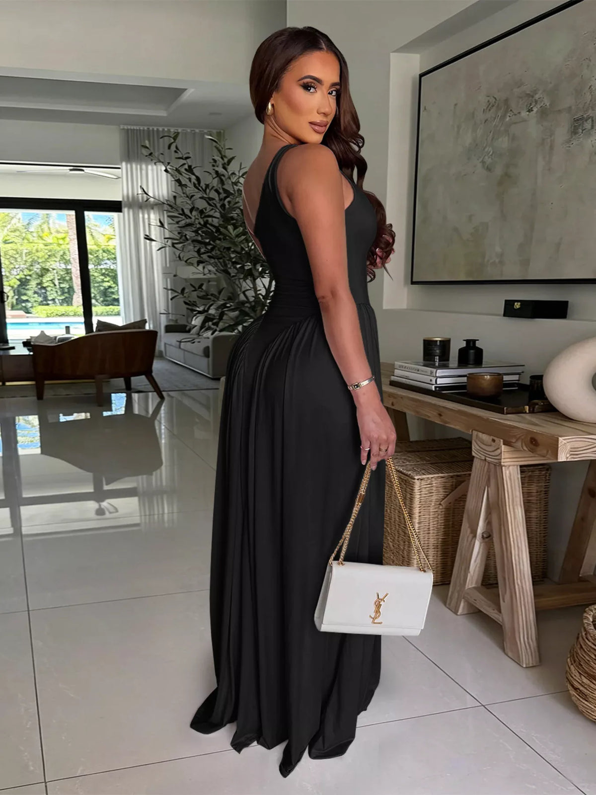 Ruched One-Shoulder Maxi Dress in Black