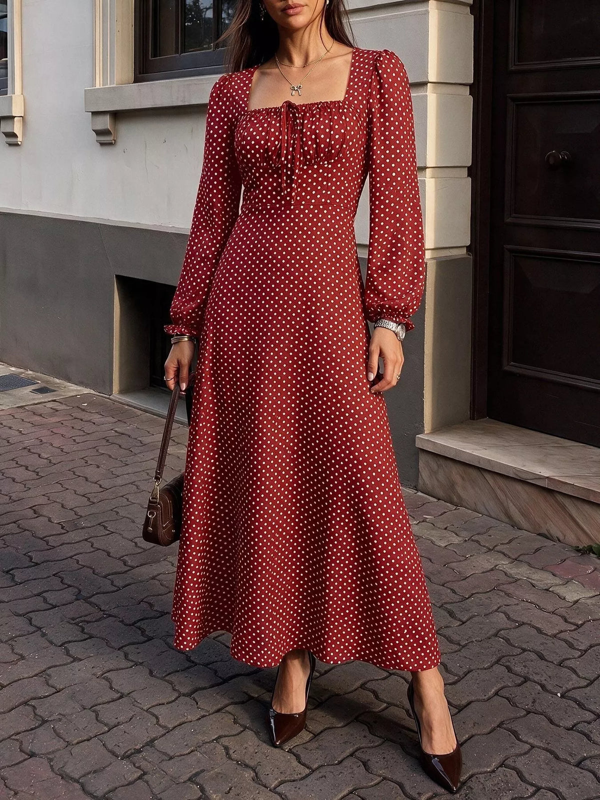 Square Neck Polka Dot Maxi Dress in Red