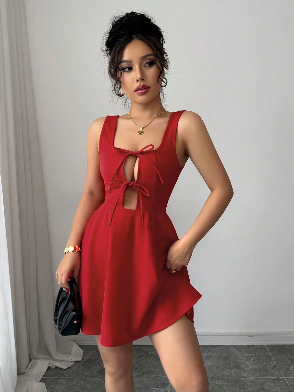 Tie-Front Lace-Up Cutout Dress in Red