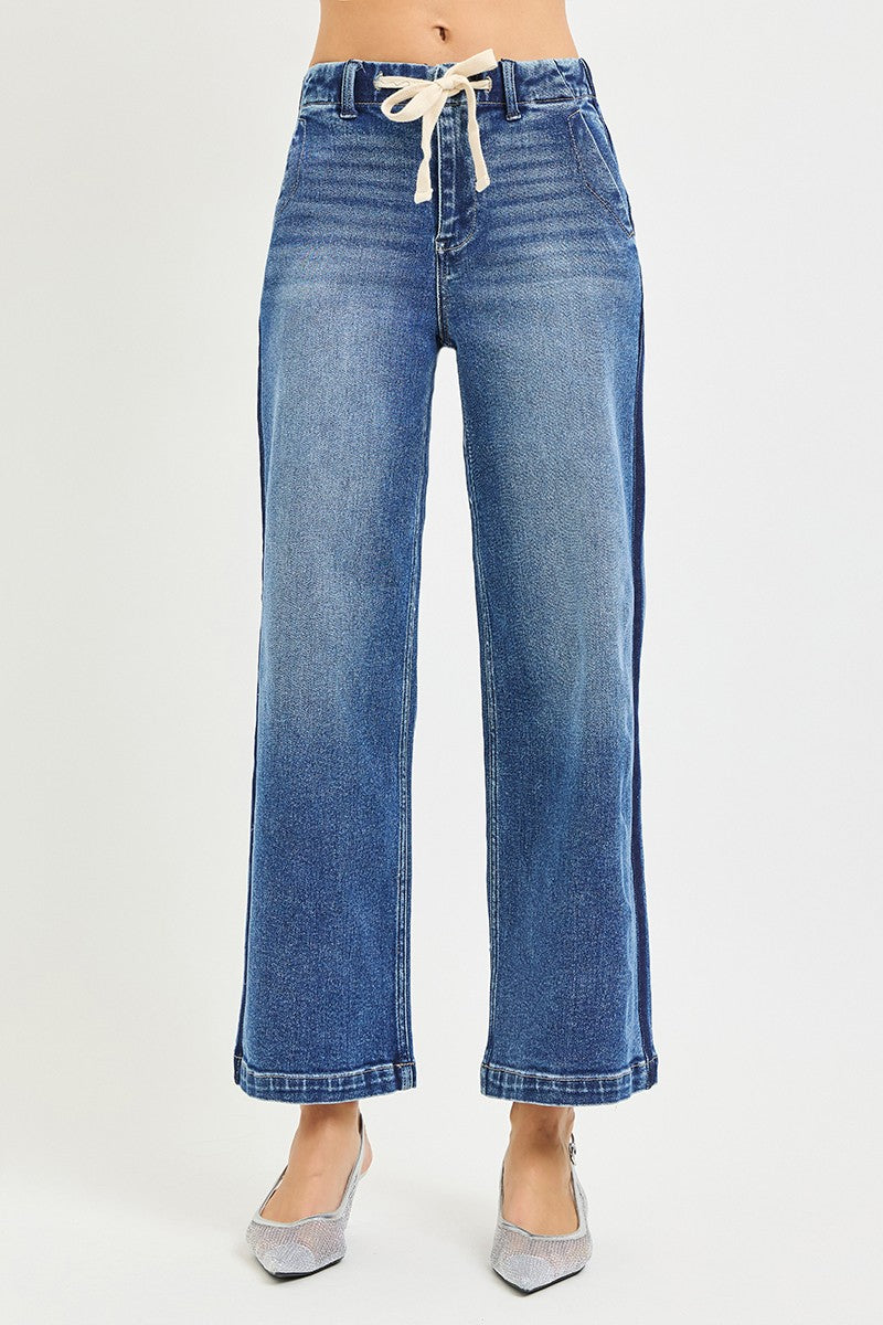 Risen Drawstring Cropped Wide Leg Jeans in Medium Wash