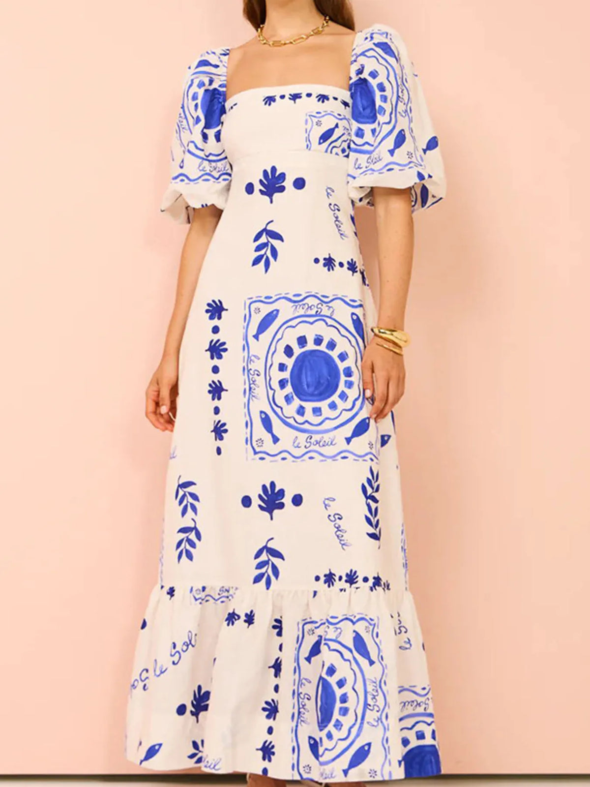 Floral Square-Neck Puff-Sleeve Maxi Dress in Blue