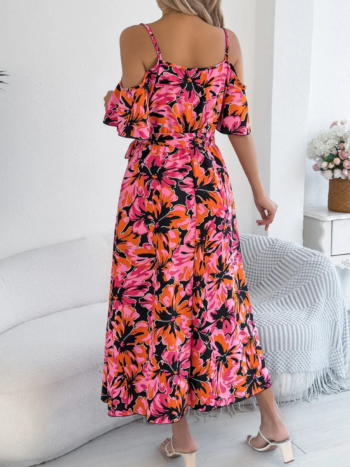 Printed Cold-Shoulder Midi Cami Dress