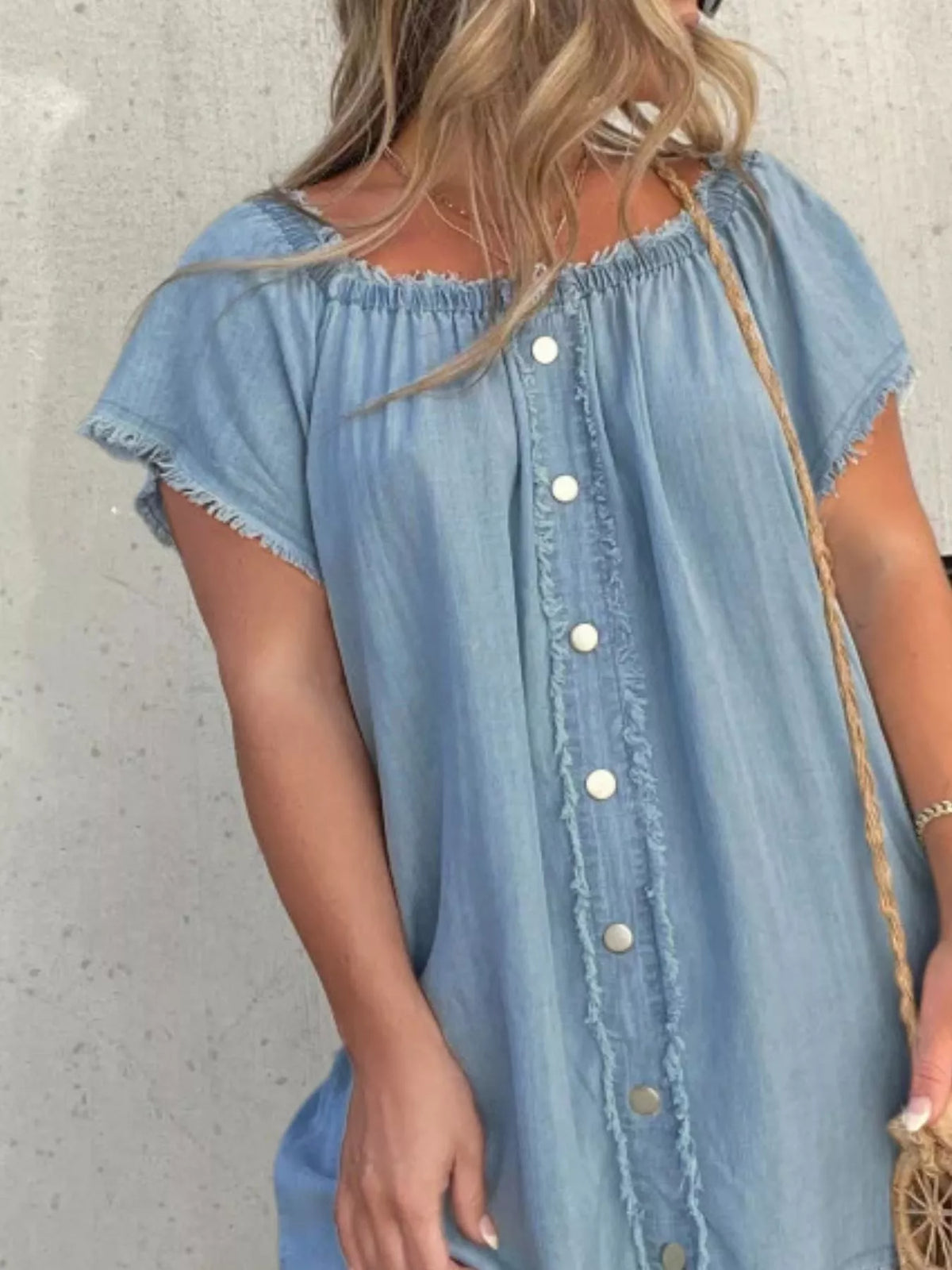 Off-Shoulder Button-Down Frayed Denim Dress