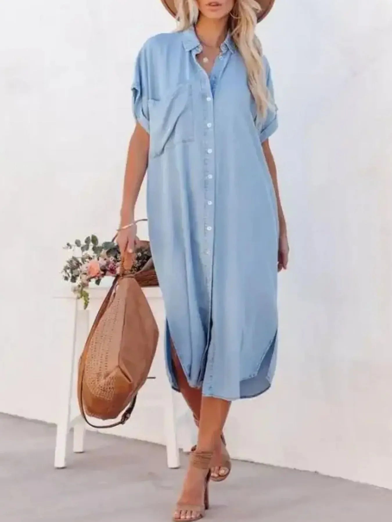 Button Down Denim Midi Shirt Dress in 1907 Color