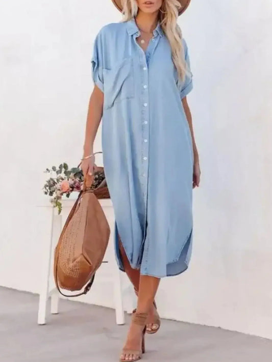 Button Down Denim Midi Shirt Dress in 1907 Color
