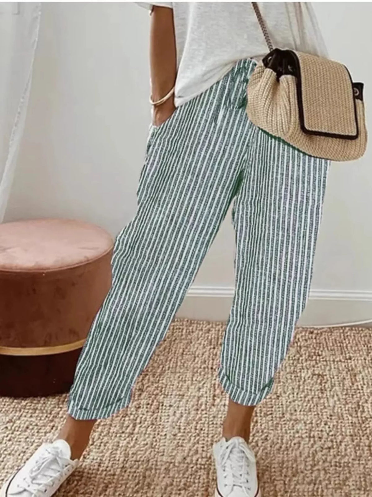 Striped Drawstring Cropped Pants