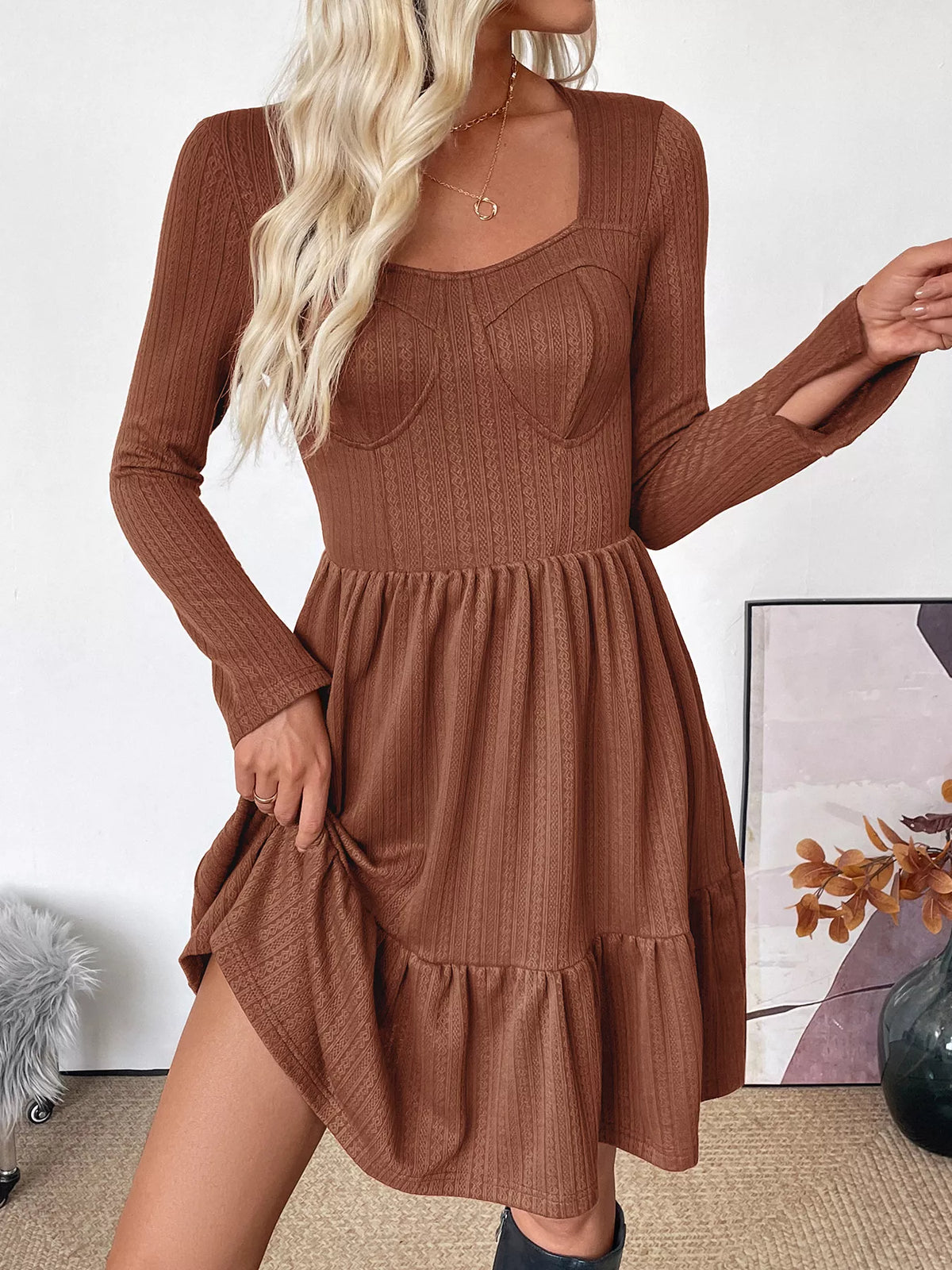 Ruffled Hem Long Sleeve Knit Dress in Coffee Brown