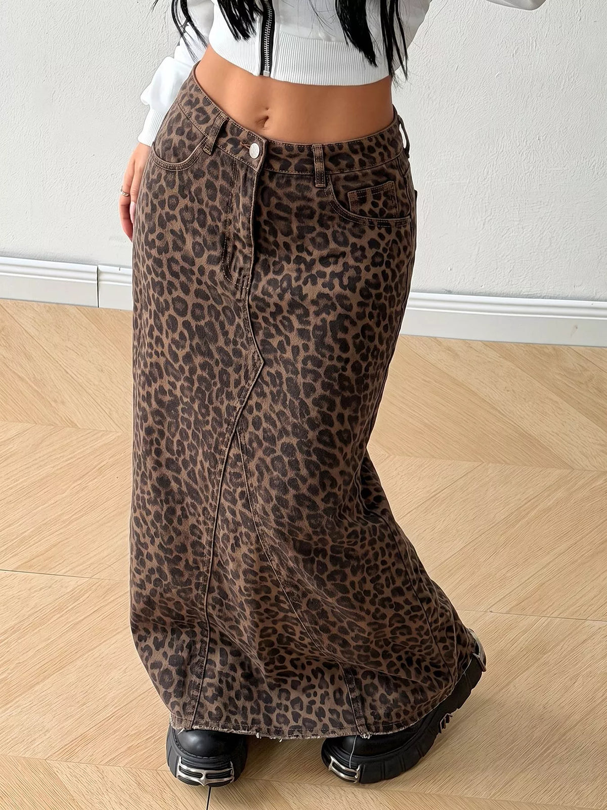 Leopard Print Denim Maxi Skirt