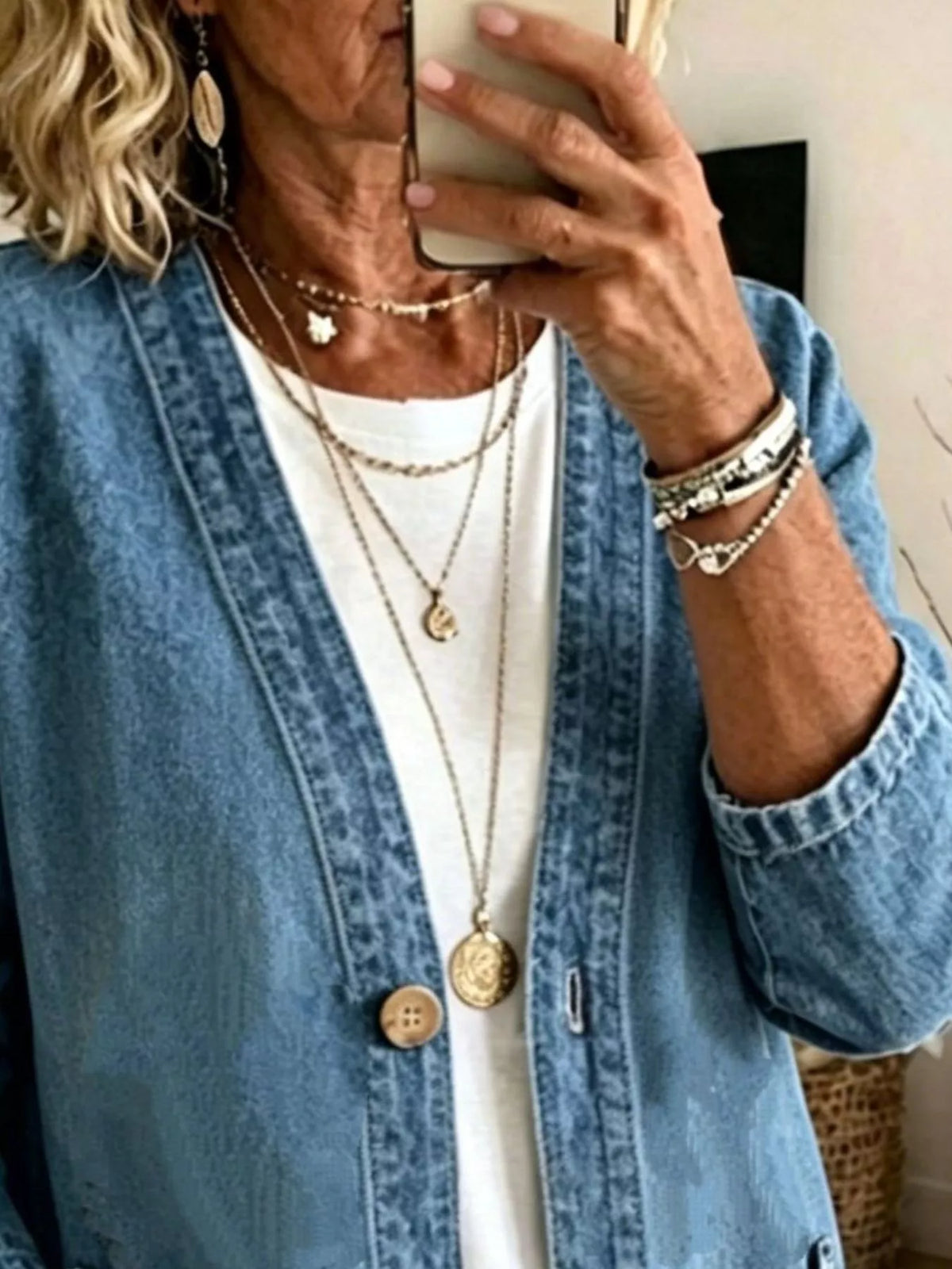 V-Neck Button-Down Denim Jacket by Invera