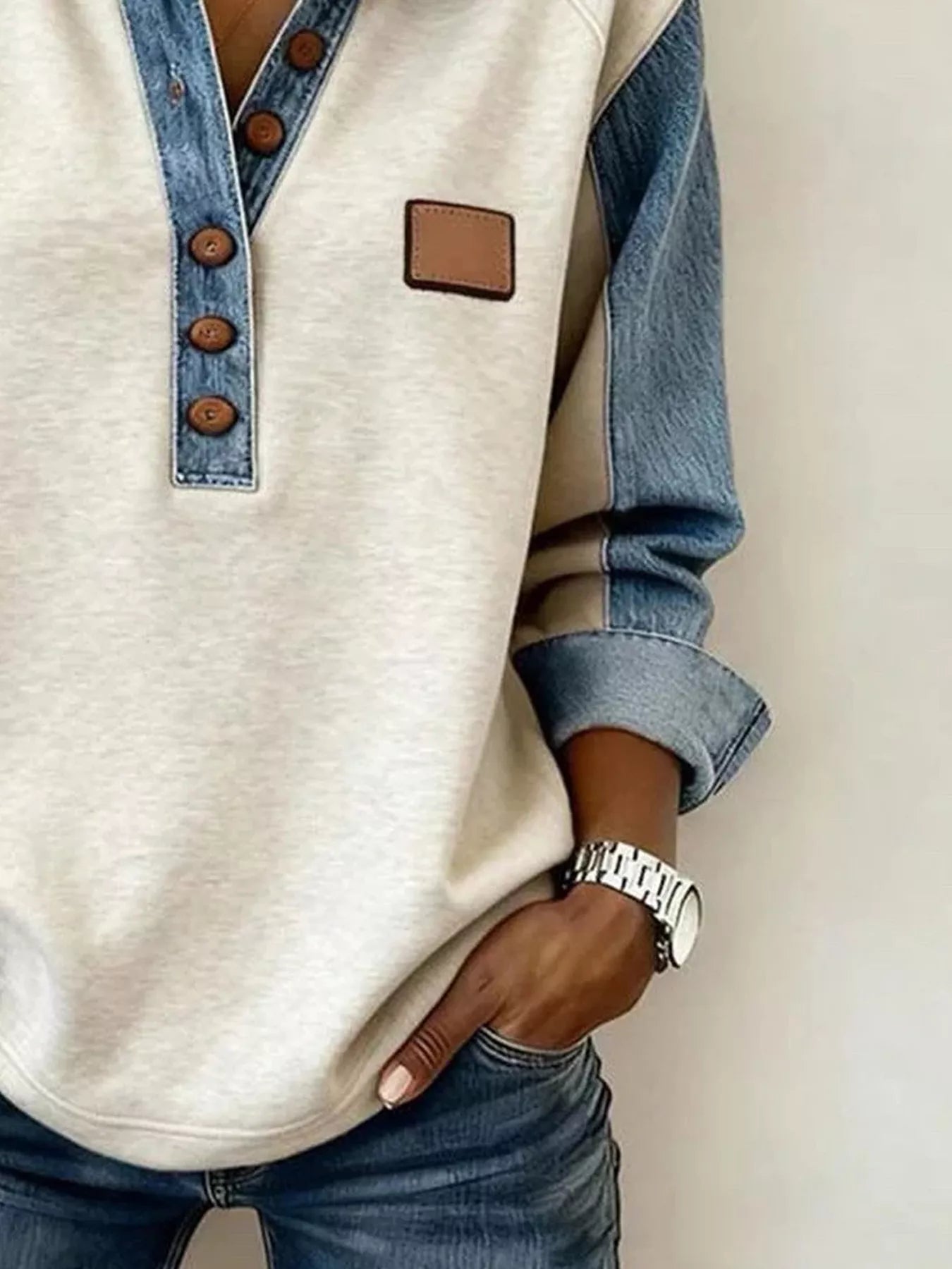 Denim-Trim Button Detail Sweatshirt in Light Gray