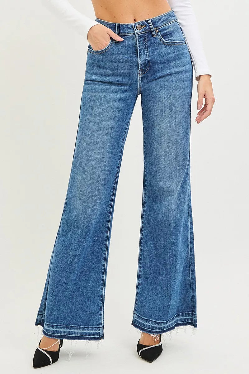 Risen High Rise Wide Leg Jeans with Released Hem in Medium Wash