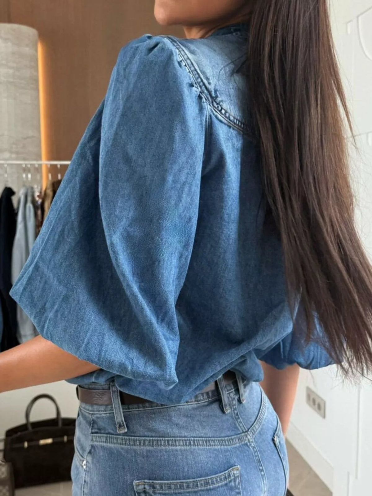 Puff Sleeve Button-Front Denim Top