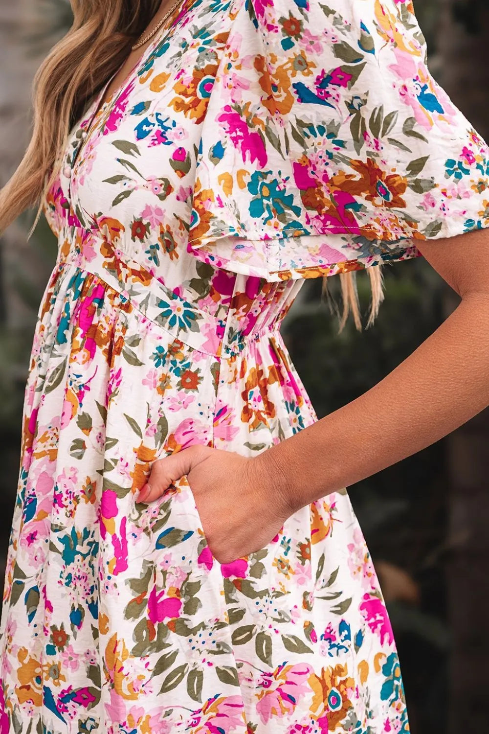Floral V Neck Dress with Pockets