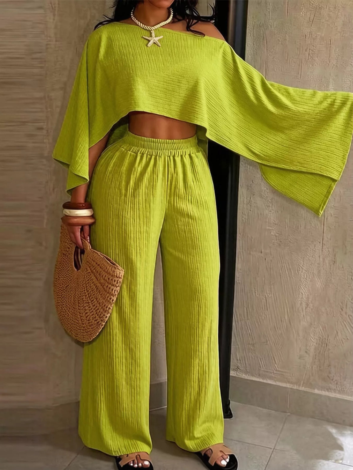 Boat Neck Crop Top and Wide-Leg Pants Set
