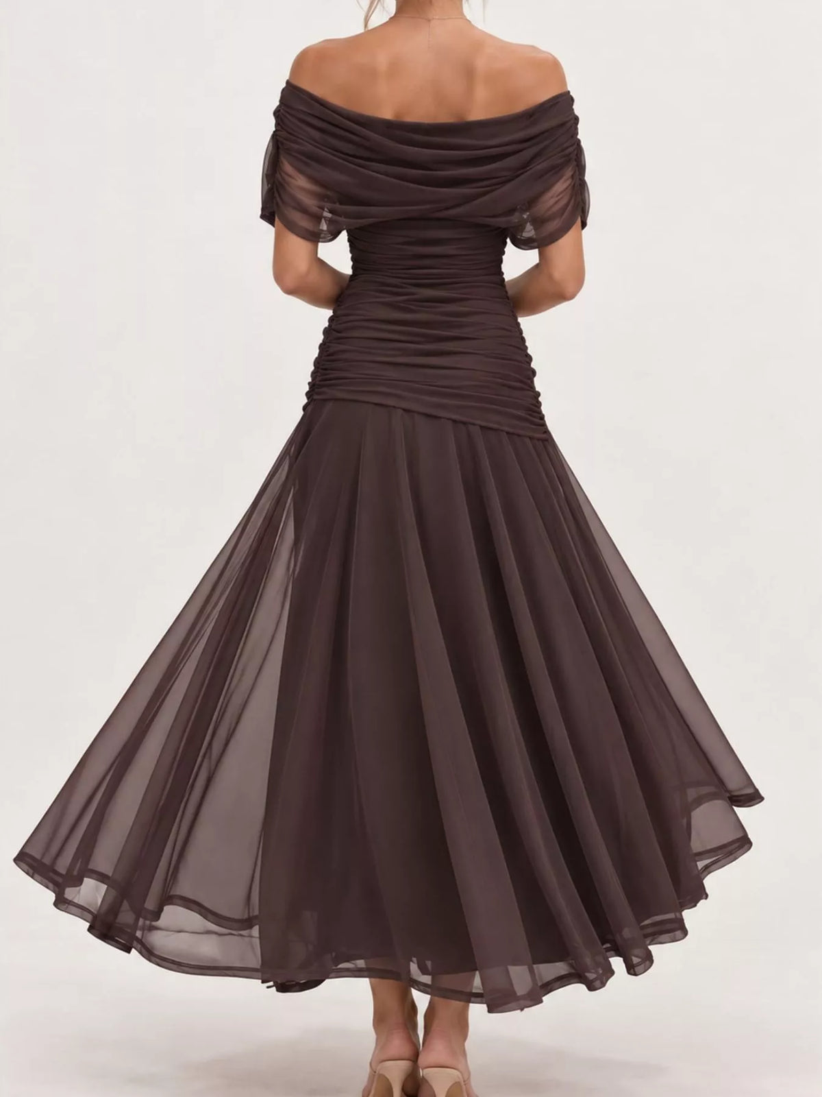 Off-Shoulder Ruched Tulle Evening Maxi Dress