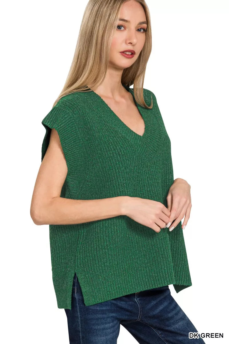 Zenana Ribbed Slit V-Neck Sweater Vest in Dark Green in Dk green