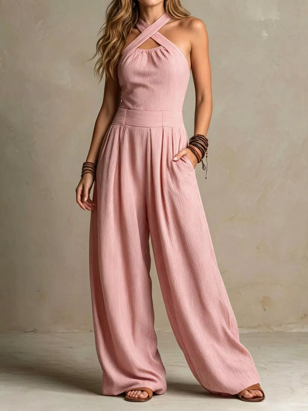 Halter Wide-Leg Jumpsuit with Pockets
