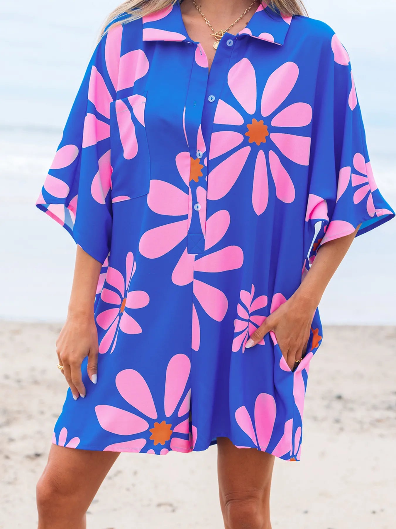 Flower Print Button Front Romper in Blue