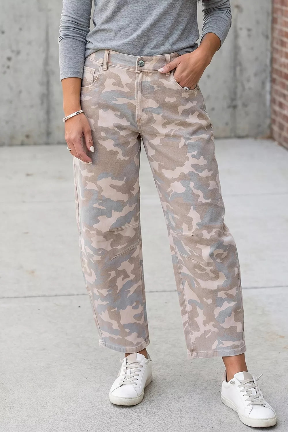Camouflage Print Ankle Barrel Jeans in Dust Storm
