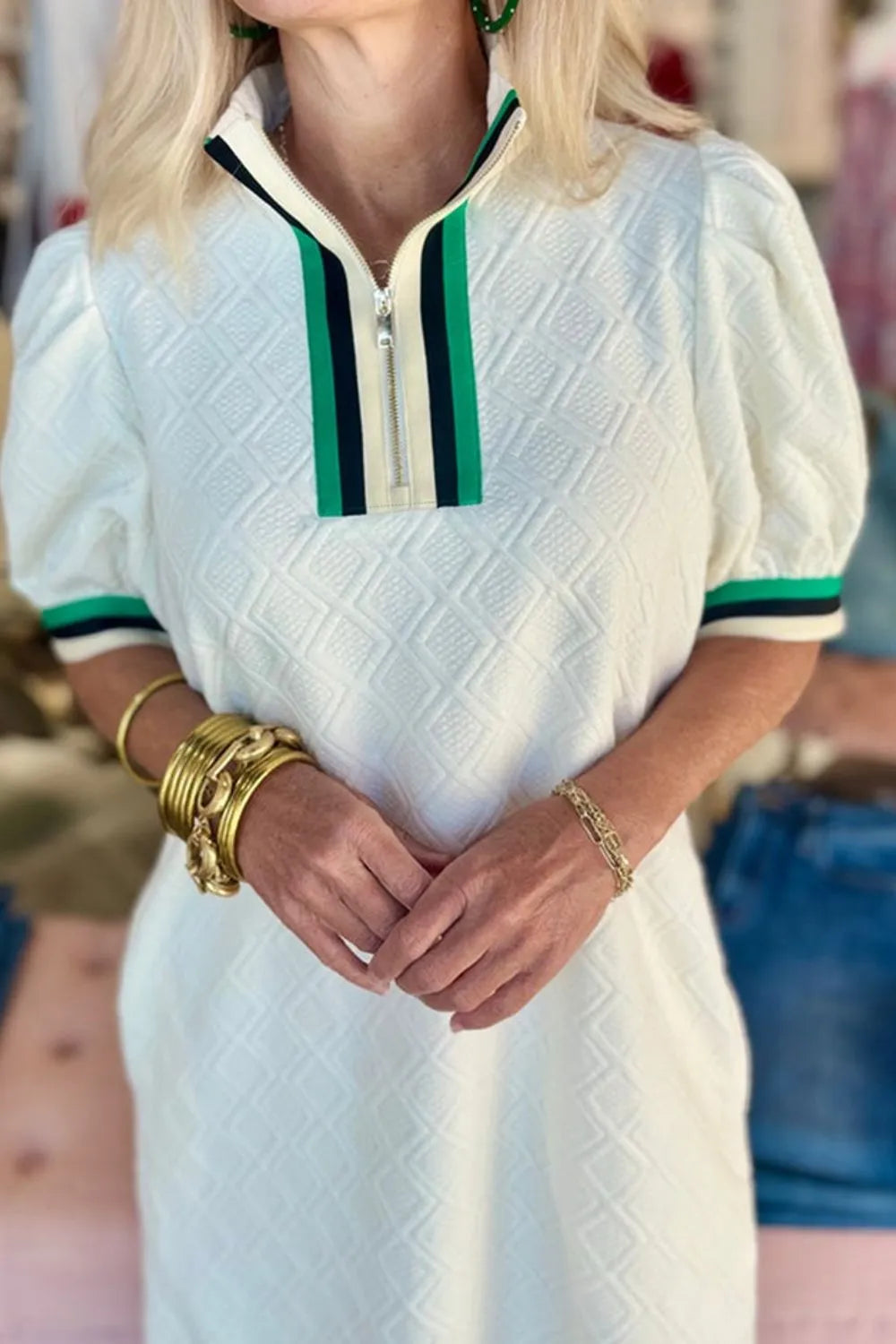 Striped Collared Zip-Up Textured Dress